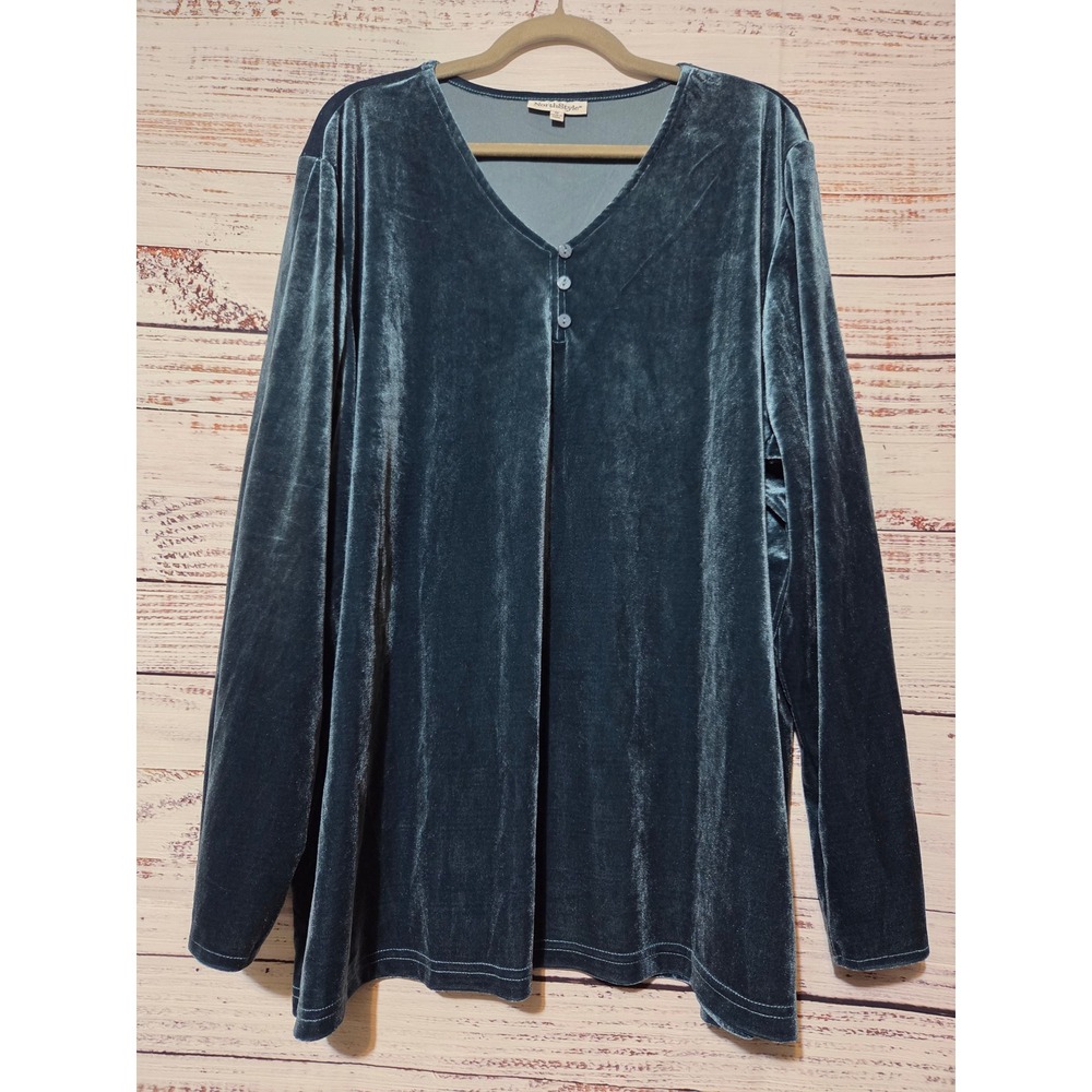 NorthStyle Womens 3X Teal Blue Velvet V-Neck Button Tunic Long Sleeve Blouse